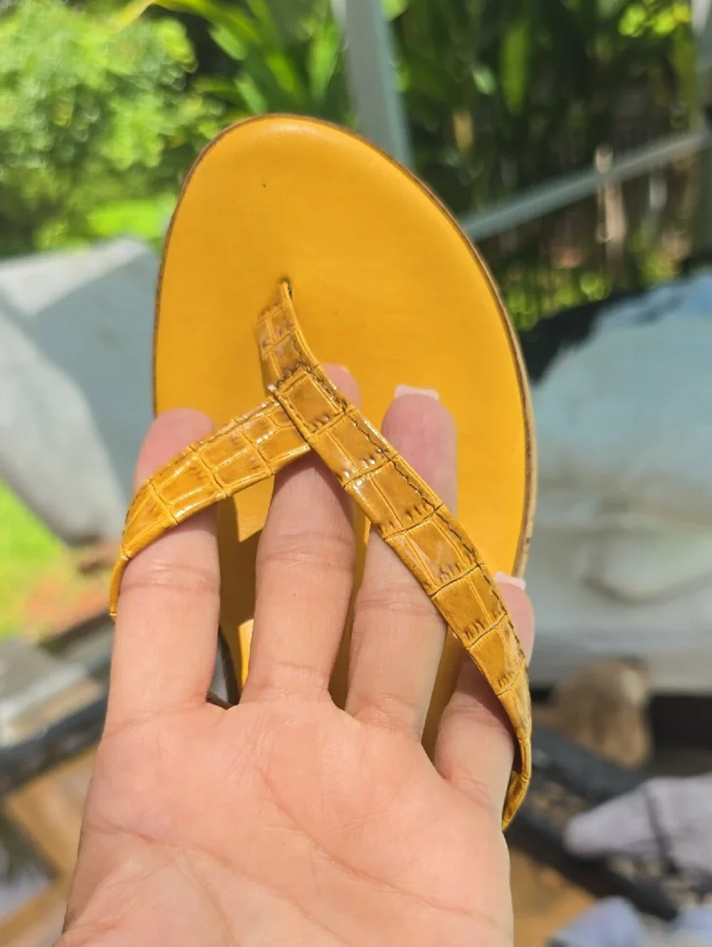 Mila Paoli Yellow Croc-Embossed Wedge Thong Sandals